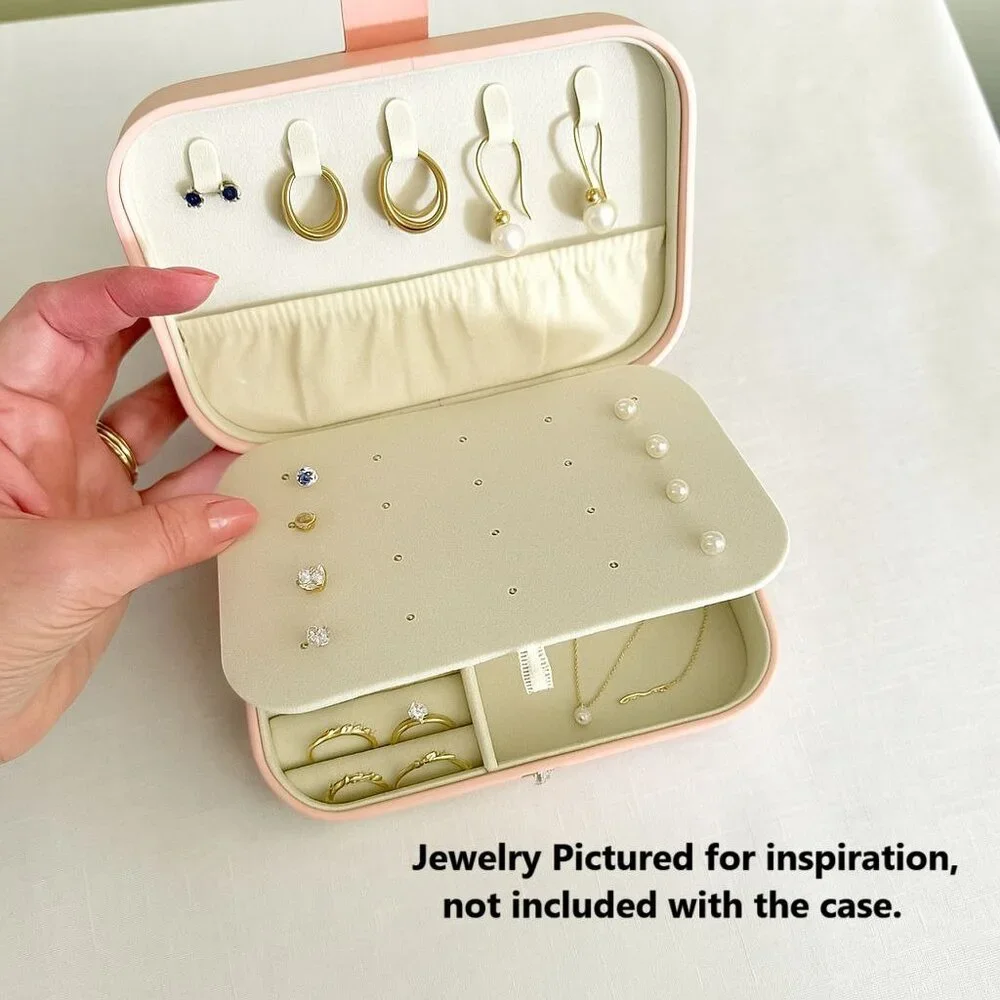 Pink Travel Jewelry Box Organizer for Rings Earrings Necklaces Multiple Compartm